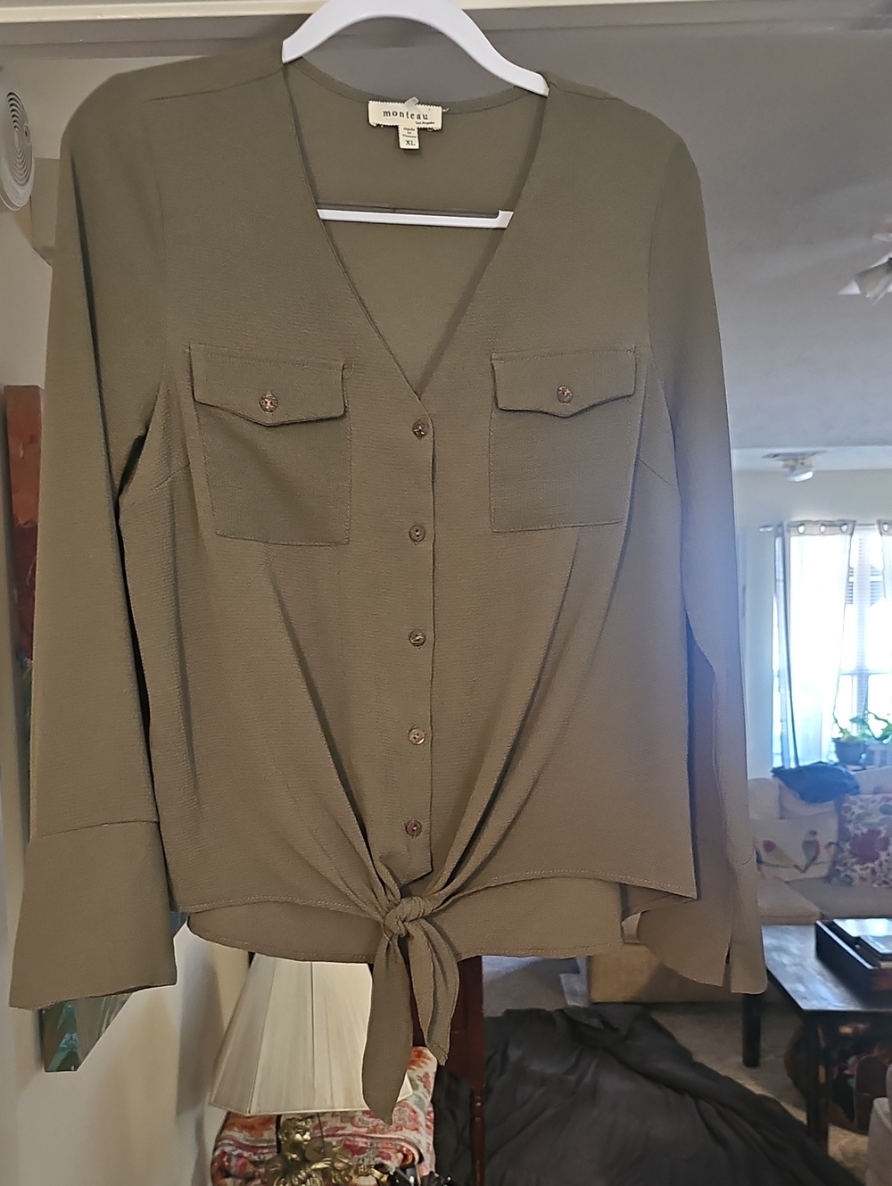 Monteau Olive Green Button-Front Tie Hem Top
